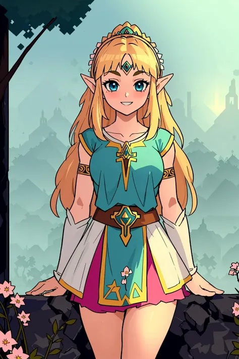 masterpiece, ultra-detailed, best quality, illustration, 8k cg wallpaper, an extremely delicate and beautiful, 1girl, Princess Zelda /(The Legend of Zelda/), solo, perfect anatomy, smiling, blushing, perfect arms, perfect hands, perfect fingers, perfect legs, cute, pretty, beautiful, sexy, perfect body, (background: flowery field, grass, trees, flowers, ruins, intricately detailed items in background), <lora:Alto:1>