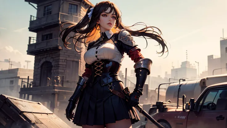 Japanese anime style. woman. A painting by Akihiko Yoshida. she wears armor mini skirt. She is standing and spreading her legs. from below. --auto --s2