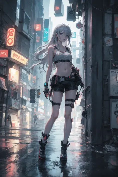 masterpiece, best quality, 1girl, black croptop, navel, black shorts, long hair, silvergray hair, skyblue eyes, medium breasts, collarbone, full body, girl in street of future cyberpunk city, it is raining hard, reflections on wet pavement, sleeveless, leg holster, neon lights, neon signs, night sky, dim light, purple neon