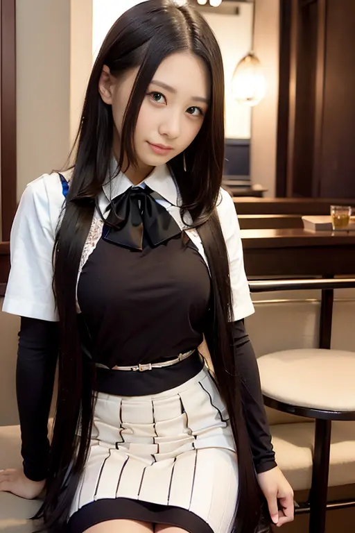 <lora:FuruhataN:0.8>, FuruhataN a girl, woman,<lora:koreanDollLikeness_v15:0.3>,(8k, RAW photo, best quality, masterpiece:1.2), (realistic, photo-realistic:1.37), ultra-detailed,1 girl, cute, solo, beautiful detailed sky, detailed cafe, night, sitting, dating, (nose blush),(smile:1.1),(closed mouth), medium breasts, beautiful detailed eyes,(collared shirt:1.1), bowtie, pleated skirt, floating hair<hypernet:anime:1.0>