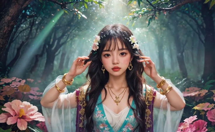 masterpiece, official art, unity 8k wallpaper, ultra detailed, beautiful and aesthetic, best quality, intricate details,
posture model, (portrait of a full body:1), see-through, 1girl,silk, flowers,gold,silver,purple,
(forest),(slg),<lora:slg_v22:1> ,
(stochastic angle, stochastic pose,stochastic action),tyndall effect, perfect lighting,detailed lighting,dramatic shadows, (glowing),
perfect ratio,very long hair,hime cut,luxury, jewelry,ornate, necklace, earrings, bracelet, hairpin,embroidery, (shiny see-through Hanfu:1),
(Around floating colorful water magic:1)the most beautiful form of chaos,
<lora:DiamonAI-000009:0.3> <lora:tangbohu-detailmaker_v2.5:0.7> <lora:tangbohu_saturation_v1.0:1>