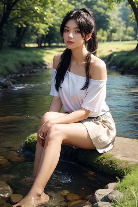 (best quality:1.2),(high quality:1.2),masterpiece,high details,(Realism:1.2),transparent texture,iso noise,photo texture,vivid color,long hair,short ponytail,blond hair,hair on the temples,white t-shirt,off-the-shoulder,large chest,bare arms,bare feet,short skirt,sitting by the river washing feet,slg,forest,grass,stream,prospect,light,<lora:slg_v30:0.8>, <lora:GoodHands-beta2:1>