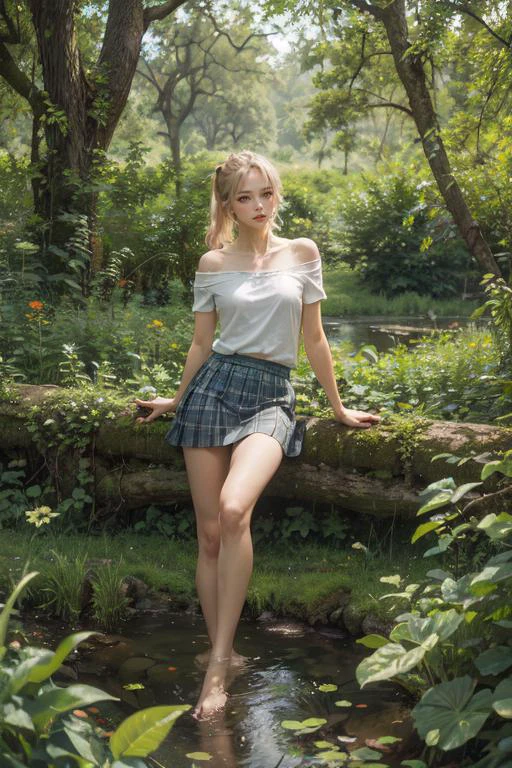 (best quality:1.2),(high quality:1.2),masterpiece,(high details:1.1),(Realism:1.4),transparent texture,
iso noise,photo texture,vivid color,
long hair,short ponytail,blond hair,hair on the temples,white t-shirt,off-the-shoulder,large chest,bare arms,bare feet,short skirt,Leaning Back,lean back against the tree,
<lora:The forest light V3:1:1:lbw=0,1,1,1,1,1,1,1,1,1,0,1,1,0,1,1,0>,slg,forest,big tree,grass,stream,
light,luminescence,
pov,