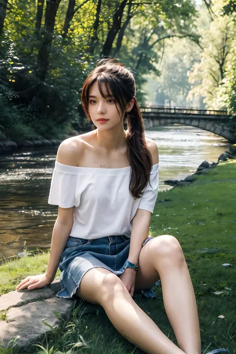 (best quality:1.2),(high quality:1.2),masterpiece,high details,(Realism:1.4),transparent texture,iso noise,photo texture,vivid color,long hair,short ponytail,blond hair,hair on the temples,white t-shirt,off-the-shoulder,large chest,bare arms,bare feet,short skirt,sitting by the river washing feet,slg,forest,grass,stream,prospect,light,<lora:slg_v30:0.8>,