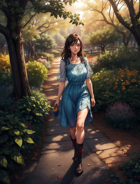 beautiful digital illustration, intricate, highly detailed, (beautiful face, OverallDetail:1.3),(1girl), solo, walking, [long hair:black], [green eyes:1.2], [long legs:1.2], [delicate fingers:1.3], [wearing a dress:1.2], [green dress:1.1], [knee-length dress:1.1], [floral pattern:1.1], [fitted bodice:1.1], [full skirt:1.1], [brown boots:1.2], [ankle boots:1.1], [leather boots:1.1], [slightly heeled boots:1.1], [forest background:1.5], [slg, waterfall: 1.2],[tall trees:1.2], [sunlight filtering through leaves:1.2], [lush greenery:1.2], [mossy rocks:1.2], [birds singing:1.1], [calm atmosphere:1.1], [late afternoon:1.1], [carrying a woven basket:1.2], [basket full of flowers:1.2], [walking on a dirt path:1.2], [dappled sunlight on path:1.1], [fallen leaves on path:1.1], [listening to music with earbuds:1.1],  <lora:slg_v30:1>