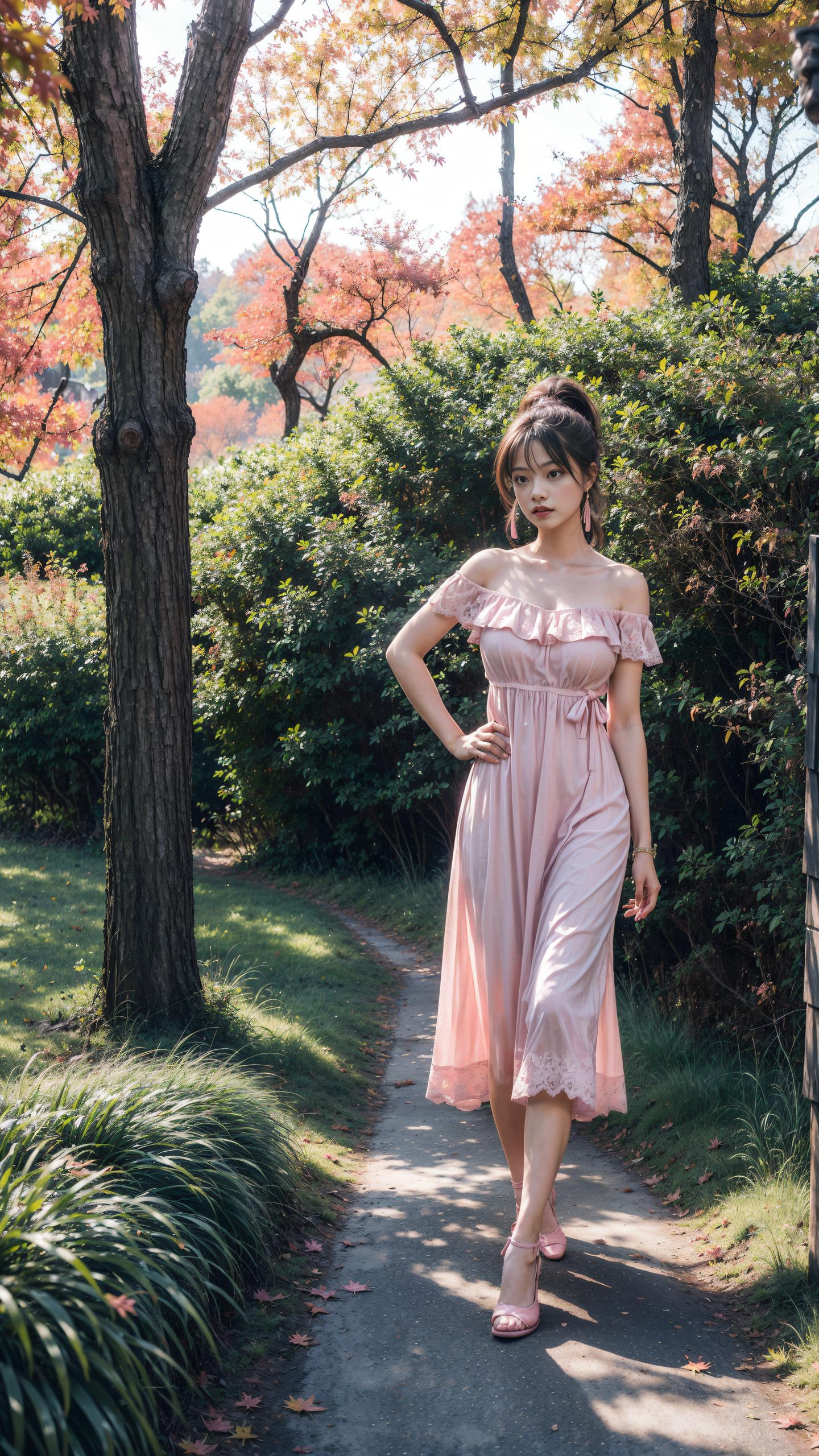 A woman in a pink dress walking down a path - SeaArt AI