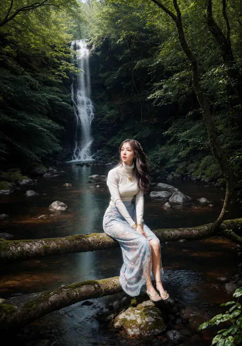1girl,posture model,(portrait of a full body:1), sitting, book,slg,forest,waterfall, river,path,
(stochastic angle, stochastic pose,stochastic action),
luxury, jewelry, ornate, necklace, bracelet, hairpin,embroidery, (see-through Cream turtleneck, floral maxi skirt:1) <lora:slg_v22:1>