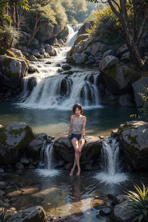 (pussy:1.3), (small breast:1.2) , naked, cinematic, women, (solo:1.3), realistic, Russia, brown hair, volumetric lighting, extremely dynamic pose, (smiling:0.9), waterfall.