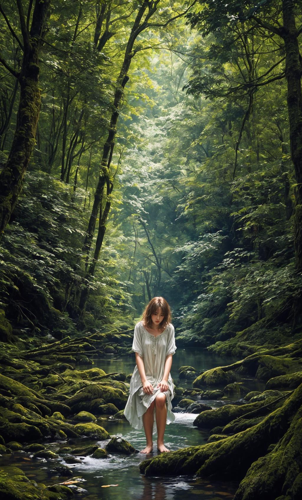 Arafed woman sitting on a rock in a stream in a forest - SeaArt AI