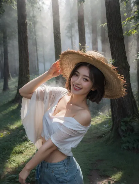 1girl,short hair,straw hat,grass skirt,cowboy shot,lazy,elegant,curvy,flower,blue sky,dappled sunlight,((Fog and Mist)),(((Tyndall effect))),solo_focus,close-up,
<lora:slg_v30:0.4>,slg,((forest)),midwood,(grin:0.8),<lora:FilmVelvia3:0.3>,<lora:lowra_v10:0.4>,<lora:add_detail:0.3>,<lora:epi_noiseoffset2:0.4>,