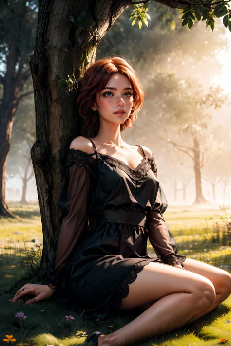 (masterpiece, best quality, highres, high resolution:1.2), extremely detailed, realistic, intricate details, 1girl, solo, red hair, short hair, bangs, green eyes, blush, freckles, eyeliner, eyeshadow, eyelashes, collarbone, (medium breasts, thick thighs, wide hips), black dress, lace sleeves, grass, cowboy shot,
<lora:add_detail:0.5><lora:realistic:0.65><lora:slg_v30:1>