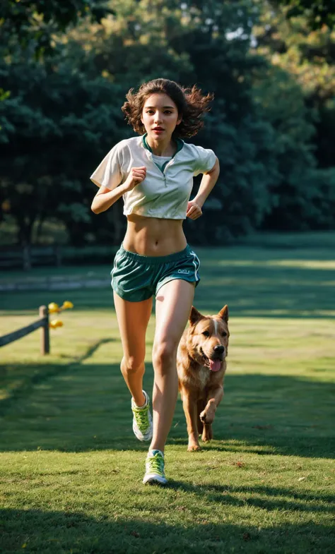 1girl,grass,bouncing boobs,jogging with a dog,depth of field,<lora:slg_v11:1>,