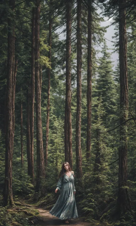 1girl,slg,lake,coniferous forest,perm,High-low hemline maxi dress in a bold print.,depth of field, evening<lora:slg_v11:1>
