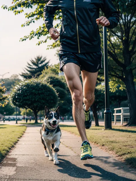 <lora:slg_v11:0.8> grass, 1girl, sport shoes, jogging with a dog in a park, golden hour,