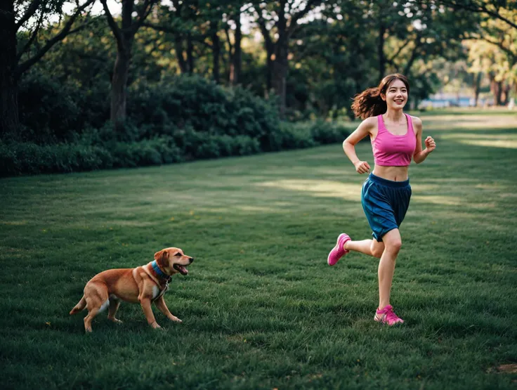 1girl,grass,bouncing boobs,jogging with a dog,depth of field,<lora:slg_v11:1>,