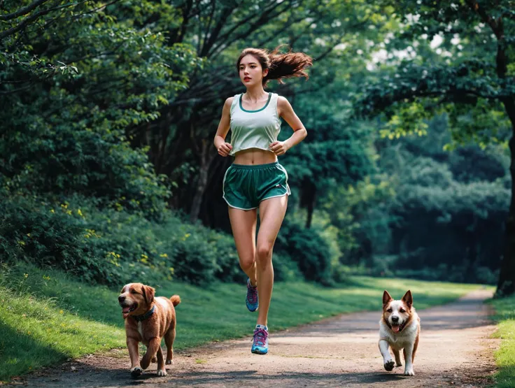 1girl,grass,bouncing boobs,jogging with a dog,depth of field,<lora:slg_v11:1>,