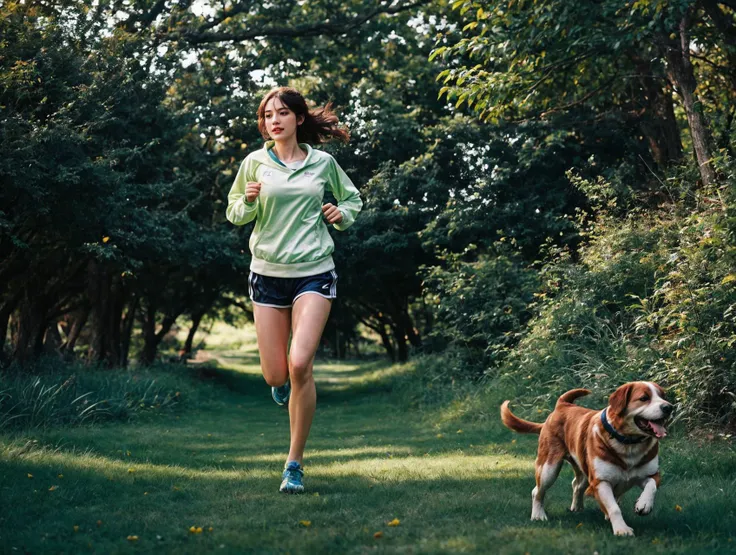 1girl,grass,bouncing boobs,jogging with a dog,depth of field,<lora:slg_v11:1>,