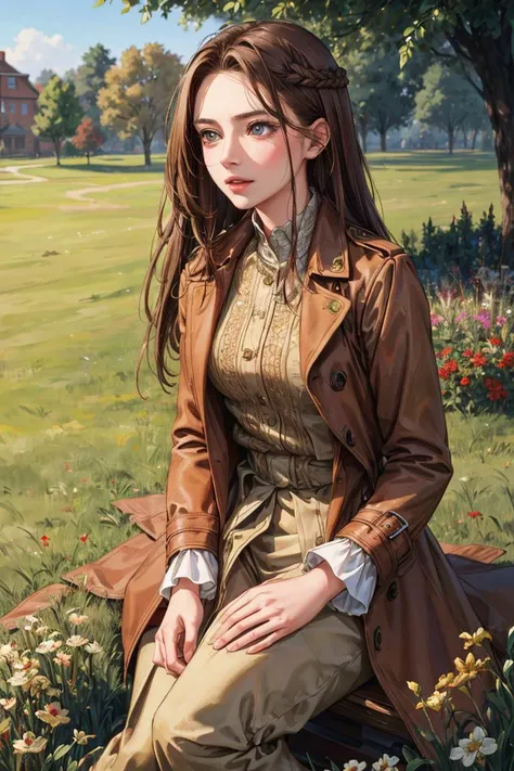 1girl,grass,Red trench,best quality, masterpiece, Rich in detail,brown hair, intricate, elegant, highly detailed, majestic, digital photography, (masterpiece, sidelighting, finely detailed beautiful eyes: 1.2), hdr, <lora:slg_v11:0.6>,