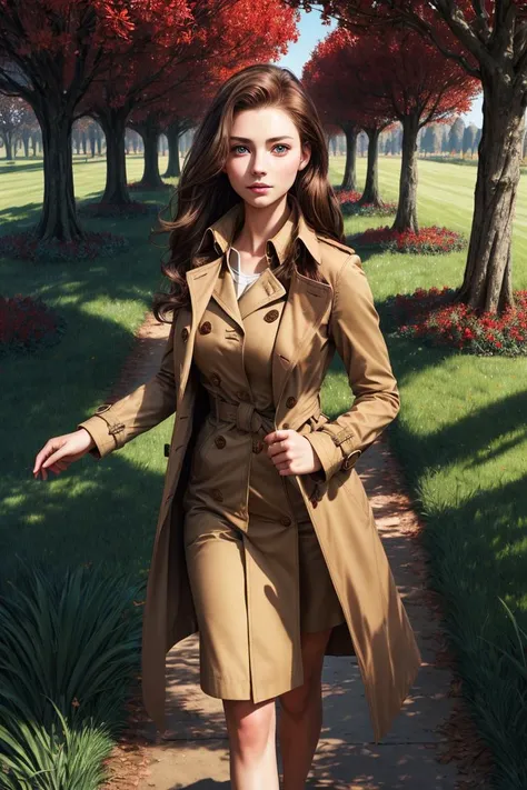 1girl,grass,Red trench coat path, best quality, masterpiece, Rich in detail,brown hair, intricate, elegant, highly detailed, majestic, digital photography, (masterpiece, sidelighting, finely detailed beautiful eyes: 1.2), hdr, <lora:slg_v11:0.6>,