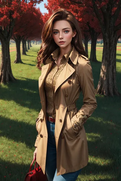 1girl,grass,Red trench coat path, best quality, masterpiece, Rich in detail,brown hair, intricate, elegant, highly detailed, majestic, digital photography, (masterpiece, sidelighting, finely detailed beautiful eyes: 1.2), hdr, <lora:slg_v11:0.6>,