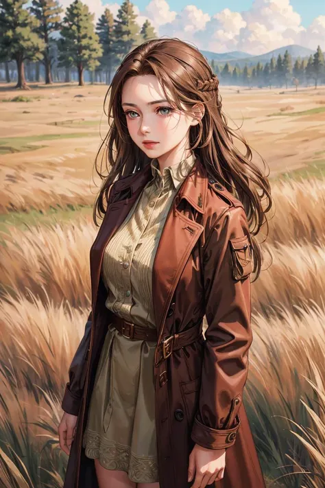 1girl,grass,Red trench,best quality, masterpiece, Rich in detail,brown hair, intricate, elegant, highly detailed, majestic, digital photography, (masterpiece, sidelighting, finely detailed beautiful eyes: 1.2), hdr, <lora:slg_v11:0.6>,