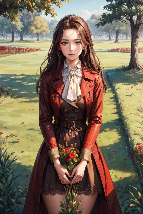 1girl,grass,Red trench,best quality, masterpiece, Rich in detail,brown hair, intricate, elegant, highly detailed, majestic, digital photography, (masterpiece, sidelighting, finely detailed beautiful eyes: 1.2), hdr, <lora:slg_v11:0.6>,