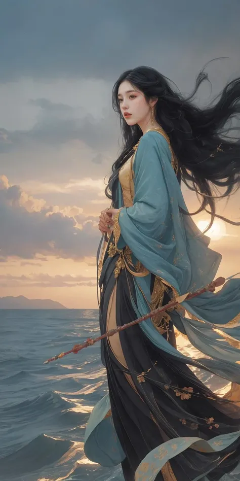 1girl,black hair,long hair,(floating),beautiful long legs,horizon-centered, dusk , <lora:anxiang:0.55> <lora:slg_v22:0.6>