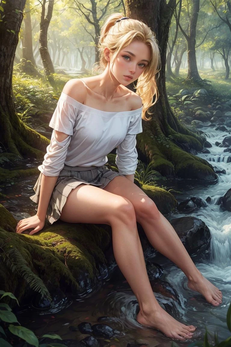 (best quality:1.2),(high quality:1.2),masterpiece,(high details:1.1),(Realism:1.4),transparent texture, iso noise,photo texture,vivid color, long hair,short ponytail,blond hair,hair on the temples,white t-shirt,off-the-shoulder,large chest,bare arms,bare feet,short skirt,Leaning Back,lean back against the tree,slg,forest,big tree,grass,stream, light,luminescence, pov, <lora:slg_v30:0.8>