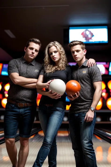 (masterpiece, best quality, hires, high resolution:1.2), extremely detailed, intricate details, highres, 1girl,   2boys, SOLO FOCUS,BOY SANDWICH,CLOSELY, <lora:closely_threesome(mmf)_v1.0:1>, bowling alley, bowling balls, bowling pins,  <lora:Effect - More Details:1>