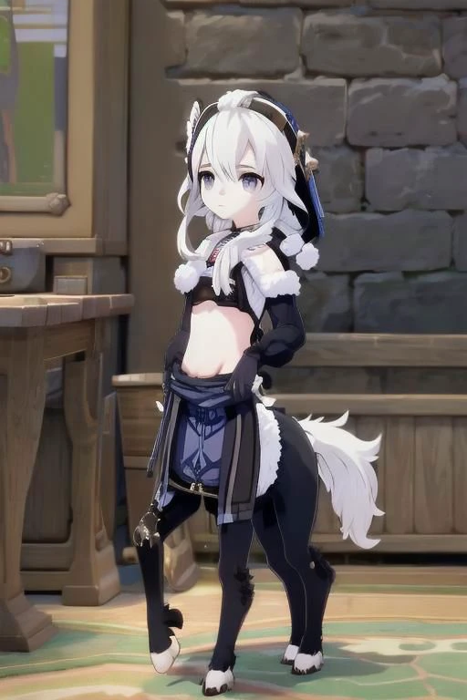 (centaur:1.4), (masterpiece, best quality:1.4), white tomboy hair, (young perfect face:1.4), (small_breasts:1.3), (slender slim body:1.3), (small waist:1.3), (perfect black eyes:1.2), full body, nun outfit, knight, ((godlike)), ((gears)), slender legs , ((navy fur)), ((blue white patterns)), <lora:wolong_v1-000012:0.4>, blank background, goth, badass