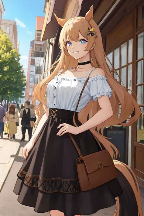 centaur, taur, horse hooves, horse ears, full body, detailed eyes, detailed face, masterpiece, highest quality, masterpiece, beautiful face, shoulder  hair, flannel jacket, short sleeves, choker, smiling, outside, market, hand on hip, purse