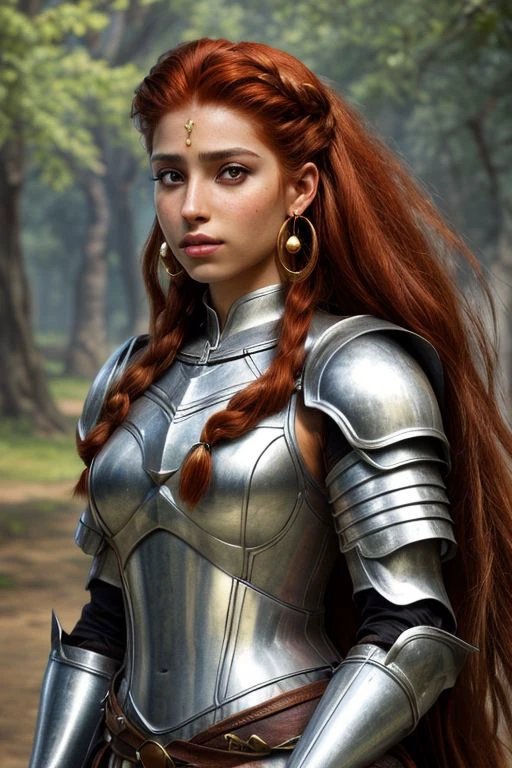 An ((arabic)) ((muscular)) Female ((centaur)) with a brown horse body and horse legs, she has long ((red hair)) and (tan skin), is wearing (medieval armor) AND (white loose clothes), she wears ((earrings and circlet)), realistic, detailed, masterpiece, metallic reflections, (photorealistic:1.5), best quality, (beautiful face:1.5)