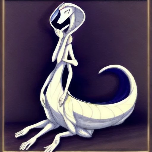 1_creature, 3/4_view, wavy_body, flat_body, flat_head, tail, inhuman, 4_arms, androgynous, no_wings, no_paws, 4arm, no_shell, no_human_traits, raised_arms, (((4_arms))), 8_limbs, 3_fingers, no_thumbs, 3_toes, frog_toes, 2_eyes, small_eyes, no_mouth, no_hooves, 4_arms, (cobra_hood, flesh_hood, hood_fades_into_forehead), gills_on_neck, (vertical_slits_down_face) visible_face, shaded_eyes, (no_mouth, mouthless, wide_neck, flat_neck, no_nose), 4_arms_visible, smooth_skin, (worm_body, snake_body, slender_body, long_body, slender_taur_body, slender_lower_body, slender_abdomen, tapered_face, pointed_face) thick_tail, tapered_tail, symmetrical_arms, symmetrical_legs, (quadrapedal), gray_skin, pale_underbelly ((high_quality_image, ultra_detailed, highly_detailed_image, highly_detailed_face, clear_lines, high_contrast, hires))((sfw, rating: safe))