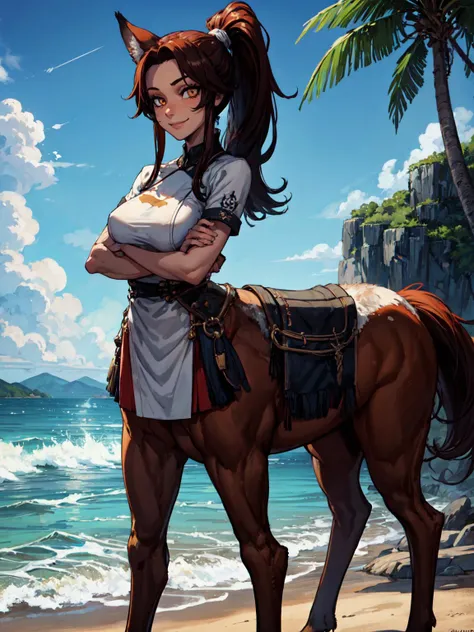 (masterpiece:1.2, best quality:1.2, beautiful, high quality, highres:1.1), detailed, extremely detailed 4K, perfect eyes, perfect face, perfect lighting, <lora:tool_addDetail:0.25>,(1girl, solo, adule female, mature female),
<lora:concept_centaur_(centaur--taur):1>, centaur, taur, fox, fox taur, fox ears 
Dark Auburn, ponytail, very long hair, Golden eyes eyes, 
[muscular], smile, pose, large breasts , standing , 
beach background,
organza