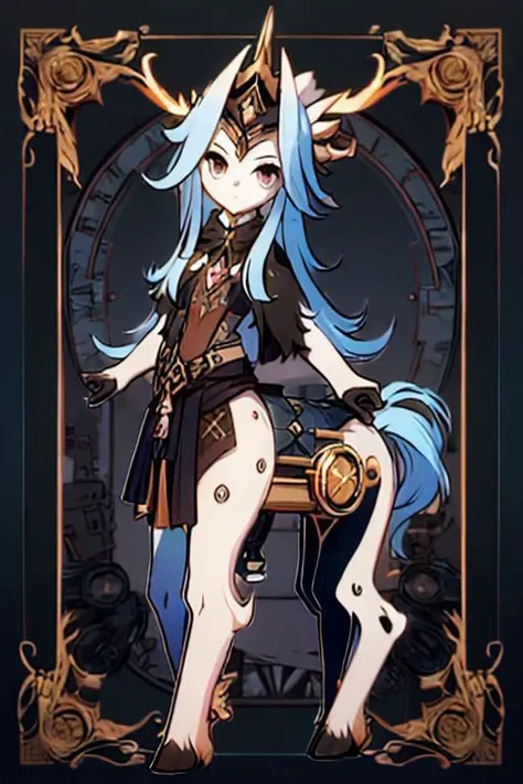 ASCII (centaur:1.4), (masterpiece, best quality:1.4), white tomboy hair, (young perfect face:1.4), (small_breasts:1.3), (slender slim body:1.3), (small waist:1.3), (perfect black eyes:1.2), full body, ((steampunk)), nun outfit, knight, ((godlike)), ((gears)), pointy feet, navy fur, blue white patterns, <lora:wolong_v1-000012:0.4>, blank background
