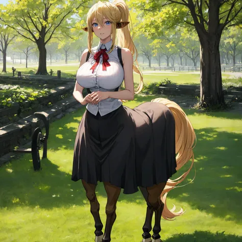 (masterpiece:1.1), best quality, amazing lighting, 4k,
centorea shianus, animal ears, centaur, brown fur centaur, taur, blonde hair, blue eyes, horse ears, horse tail, long hair, monster girl, ponytail, (huge breasts:1.05),
sleeveless, white shirt, (red neckerchief:0.9), collar, (black skirt:1.1),
full body, standing, in park, outdoors
<lora:centaur:0.9> <lora:centoreashianus-lyco-nochekaiser:0.9>