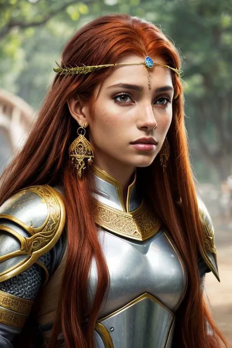 An ((arabic)) Female ((centaur)) with a brown horse body and horse legs, she has long ((red hair)) and (tan skin), is wearing (armor) AND (white loose clothes), she wears ((earrings and circlet)), realistic, detailed, masterpiece, metallic reflections,  (photorealistic:1.5), best quality, (beautiful face:1.5)