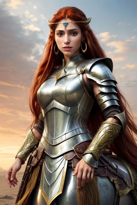 An ((arabic)) Female ((centaur)) with a brown horse body and horse legs, she has long ((red hair)) and (tan skin), is wearing (armor) AND (white loose clothes), she wears ((earrings and circlet)), realistic, detailed, masterpiece, metallic reflections,  (photorealistic:1.5), best quality, (beautiful face:1.2), (Extremely Detailed:1.2), glow effects, godrays, intricate details, sharp focus, dramatic