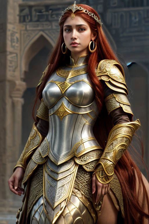 An ((arabic)) Female ((centaur)) with a brown horse body and horse legs, she has long ((red hair)) and (tan skin), is wearing (armor) AND (white loose clothes), she wears ((earrings and circlet)), realistic, detailed, masterpiece, metallic reflections, (photorealistic:1.5), best quality, (beautiful face:1.2), (Extremely Detailed:1.2), glow effects, godrays, intricate details, sharp focus, dramatic