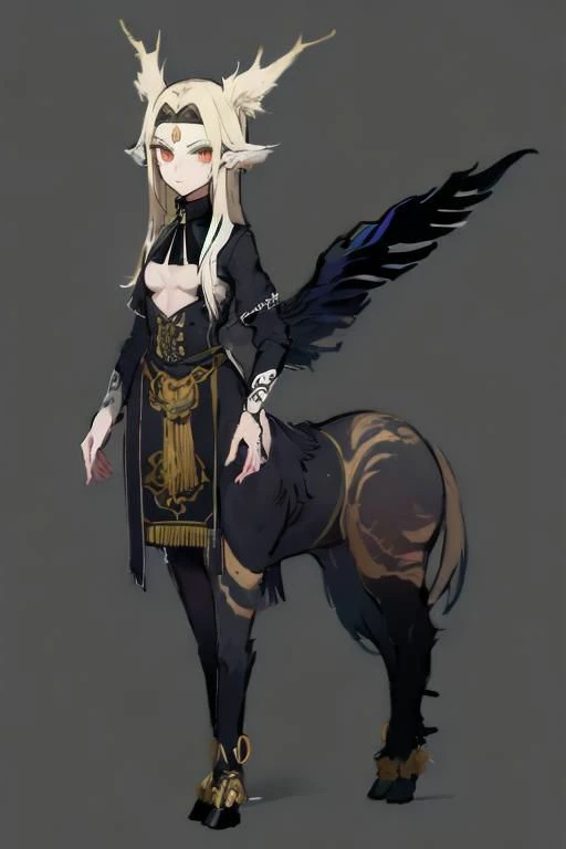 ASCII (centaur:1.4), (masterpiece, best quality:1.4), white tomboy hair, (young perfect face:1.4), (small_breasts:1.3), (slender slim body:1.3), (small waist:1.3), (perfect black eyes:1.2), full body, ((steampunk)), nun outfit, knight, ((godlike)), ((gears)), pointy feet, navy fur, blue white patterns, <lora:wolong_v1-000012:0.4>, blank background, goth, badass