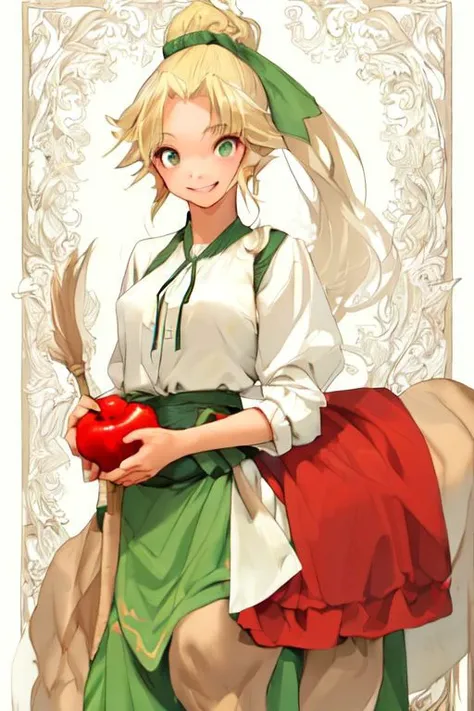 centaur[perfect face, pastel lighting, happy smile, bright green eyes (looking at the camera), long blond ponytail, (low-cut white blouse)]:2.0
[simple background, medieval marketplace, apple cart:1.5]
rich colors, dutch angle:1.2