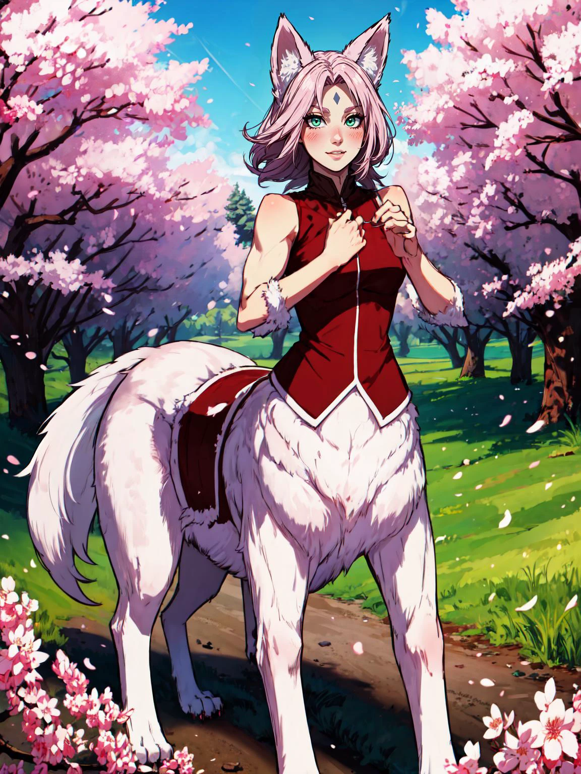 (masterpiece:1.2, best quality:1.2, beautiful, high quality, highres:1.1), detailed, extremely detailed 4K, perfect eyes, perfect face, perfect lighting, <lora:tool_addDetail:0.25>,(1girl, solo, adule female, mature female),
fox ears,
<lora:character_harunoSakuraNaruto_lykon:0.65>, pink hair, green eyes, forehead mark, smile, parted lips, light blush, looking at viewer, outside, cherry blossoms, field, sunny