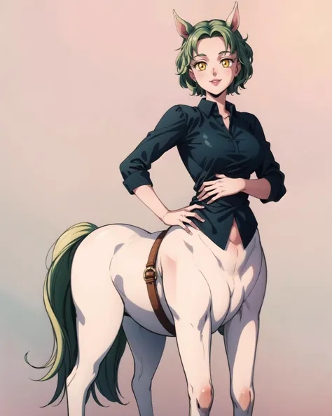 <lyco:centaurConcept:1.0>, 1girl, green hair, medium hair, yellow eyes, forehead, centaur, taur, horse ears, lips, milf, mature female, curvy, black shirt, medium breasts , looking at viewer, light smile, full body, simple background, <lora:add_detail:1.0>, masterpiece, best quality, <lora:smv1:0.65>, masterpiece, best quality, perfect composition