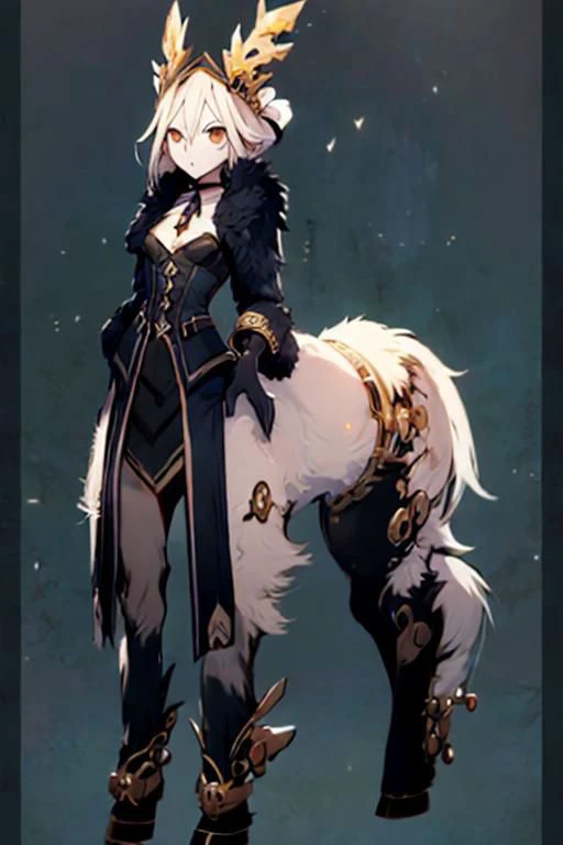 ASCII (centaur:1.4), (masterpiece, best quality:1.4), white tomboy hair, (young perfect face:1.4), (small_breasts:1.3), (slender slim body:1.3), (small waist:1.3), (perfect black eyes:1.2), full body, ((steampunk)), nun outfit, knight, ((godlike)), ((gears)), pointy feet, navy fur, blue white patterns, <lora:wolong_v1-000012:0.4>, blank background