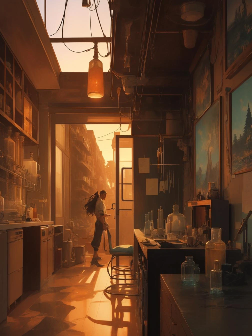 (art by Richard Anderson:1.2) ,art by Shuzo Oshimi, Cartoon of a Nonchalant Laboratory, background is [Italy|Dining room], at Sunset, Smug, zebra print neon hue, fairy tale