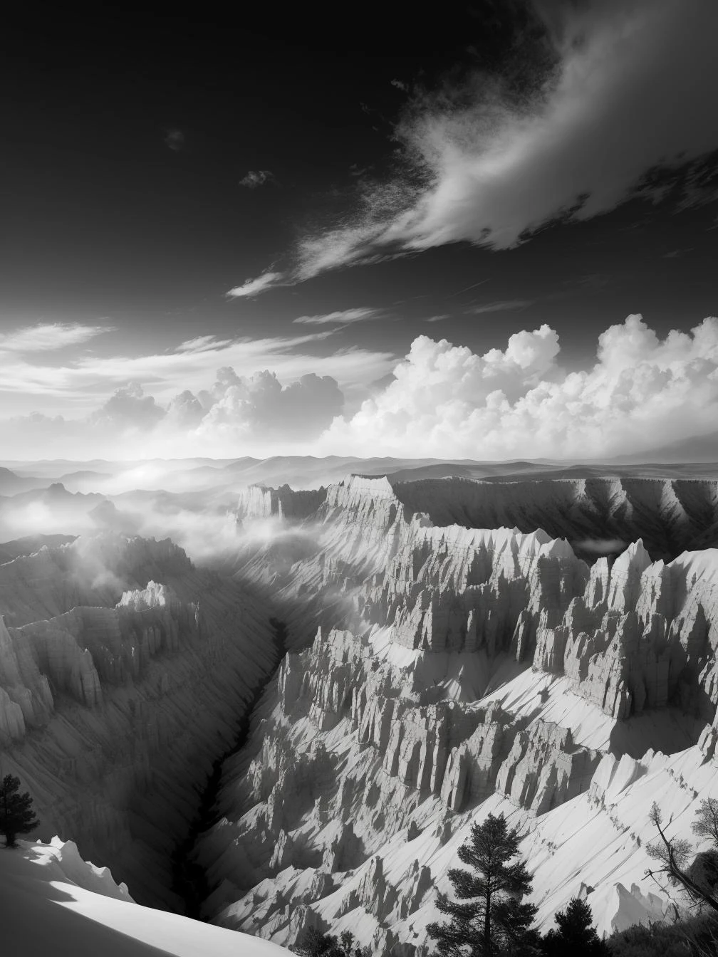 majestic, landscape of a Dreadful Bryce Canyon National Park, Foggy conditions, Surprising, Psychedelic Art, Monochrome