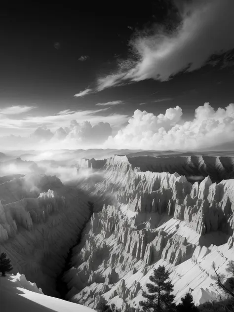 majestic, landscape of a Dreadful Bryce Canyon National Park, Foggy conditions, Surprising, Psychedelic Art, Monochrome