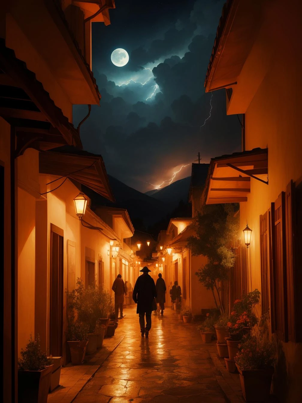 [art by Johfra Bosschart: (art by Kelly Freas:0.8) :4], professional Painting, landscape of a Radiant Marrakesh and Ski resort, Thunderstorm, Moonlight, Zoom lens