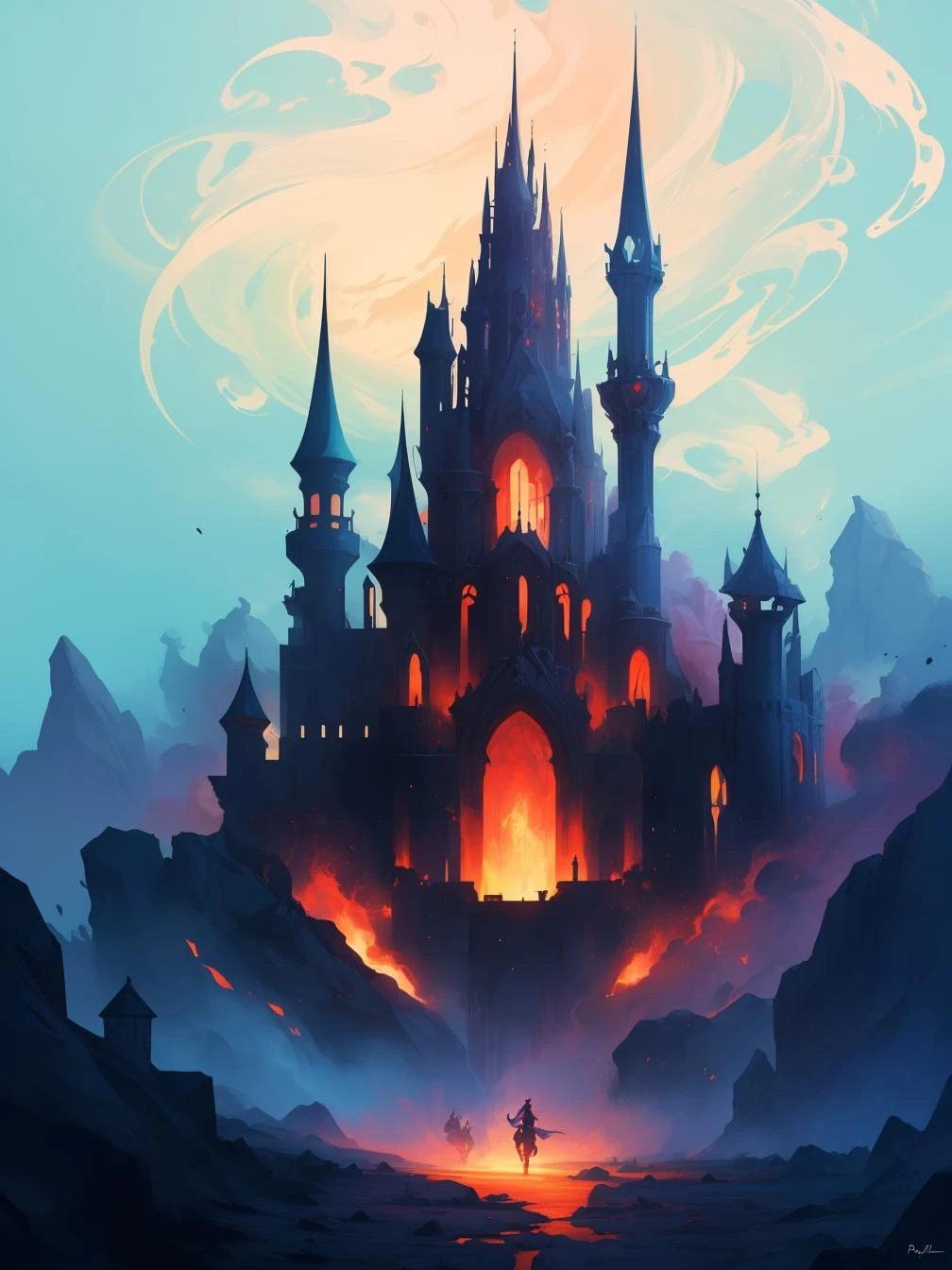 key visual, wallpaper, Vibrant Color, Dota style, Pixabay, dreamy magical atmosphere, 64K, stylized, ultra high res, fairy tale, Gradient background, most beautiful artwork in the world, Celestial Abstract [middle-earth:Tamriel:4] from inside of a Fortress, Simplified style, RTX, Bright design, extremely hyper aesthetic