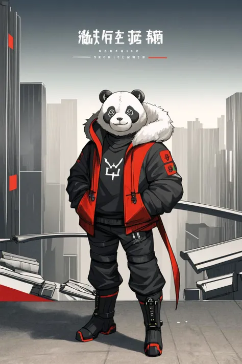 (a (cyborg:0.7) chinese giant panda male (furry:1.1) is standing solo with his hands in pockets, He has mechanical boots, legs and arms, He is wearing a red hoodie with both proud and serious on his face, His eye is black and shine. He is looking afar from rooftop, and city below:1.1), BREAK, realistic, illustration, painting, 8k uhd, hires, cyberpunk, science fiction, night, by zackary911, by garouzuki, by zinfyu, by nomax, by honovy, by oouna